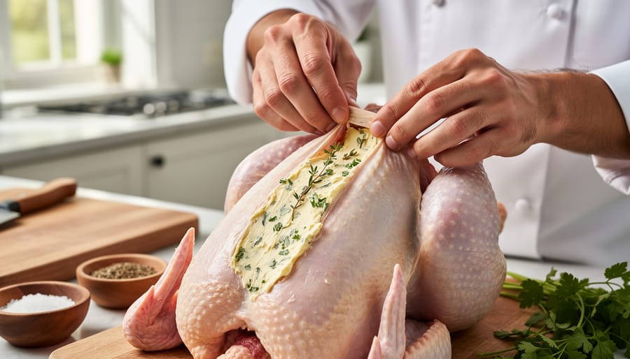 Chef hands tucking herb compound butter under the skin of a turkey breast