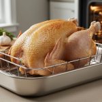Butterball turkey breast roasting skin-side up on a rack in a shallow pan, photographed in a warm holiday kitchen setting.