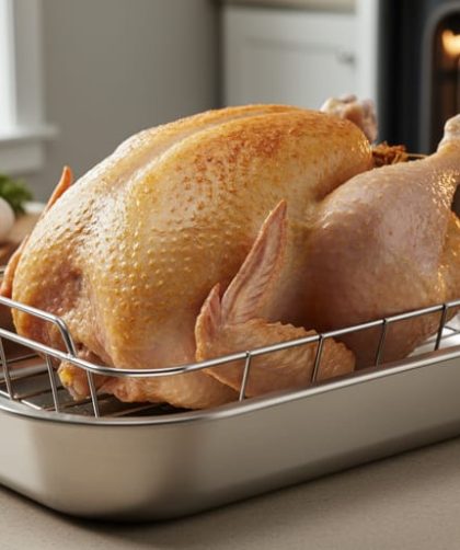 Butterball turkey breast roasting skin-side up on a rack in a shallow pan, photographed in a warm holiday kitchen setting.
