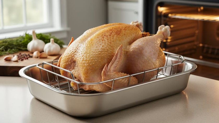 Butterball turkey breast roasting skin-side up on a rack in a shallow pan, photographed in a warm holiday kitchen setting.