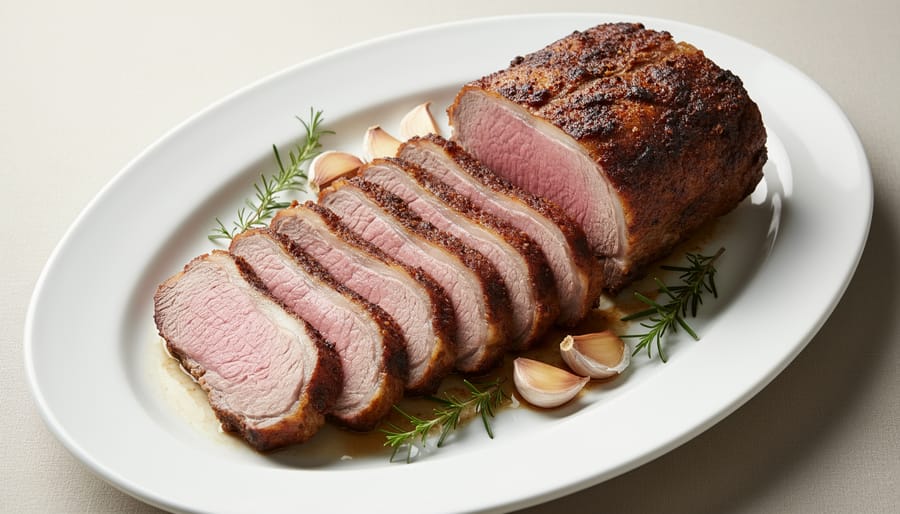 Sliced roasted turkey breast on a serving platter with glossy texture