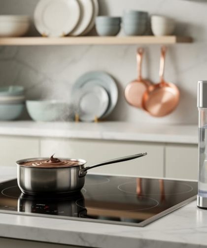 “Close-up of modern induction, an immersion blender, and a sous vide circulator in a French-inspired kitchen counter setup.”