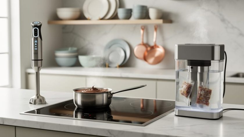 “Close-up of modern induction, an immersion blender, and a sous vide circulator in a French-inspired kitchen counter setup.”