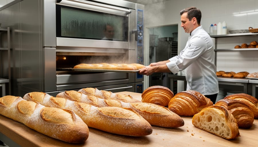 Baker placing baguettes into an oven for steam-assisted French bread baking
