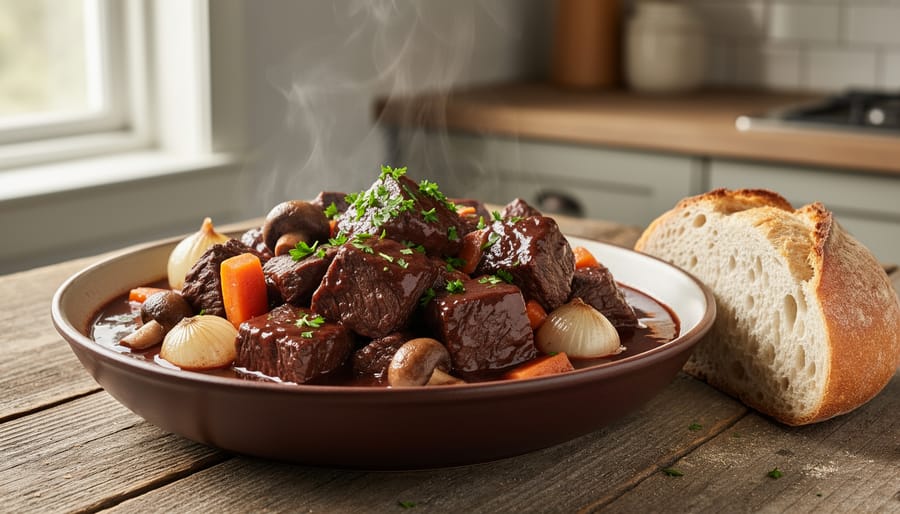 Cast-iron pot of glossy braised beef with pearl onions and sauce in a rustic kitchen setting