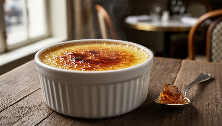 Crème brûlée ramekins with caramelized sugar crust under warm light