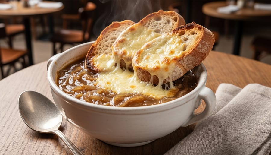 French onion soup in a bowl topped with melted golden cheese