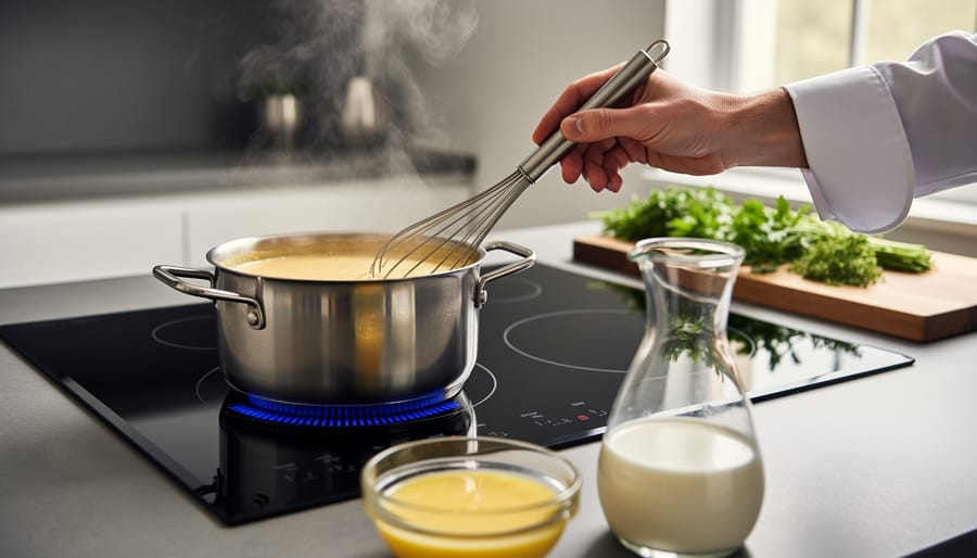 Induction cooktop heating a stainless saucepan with glossy French reduction sauce