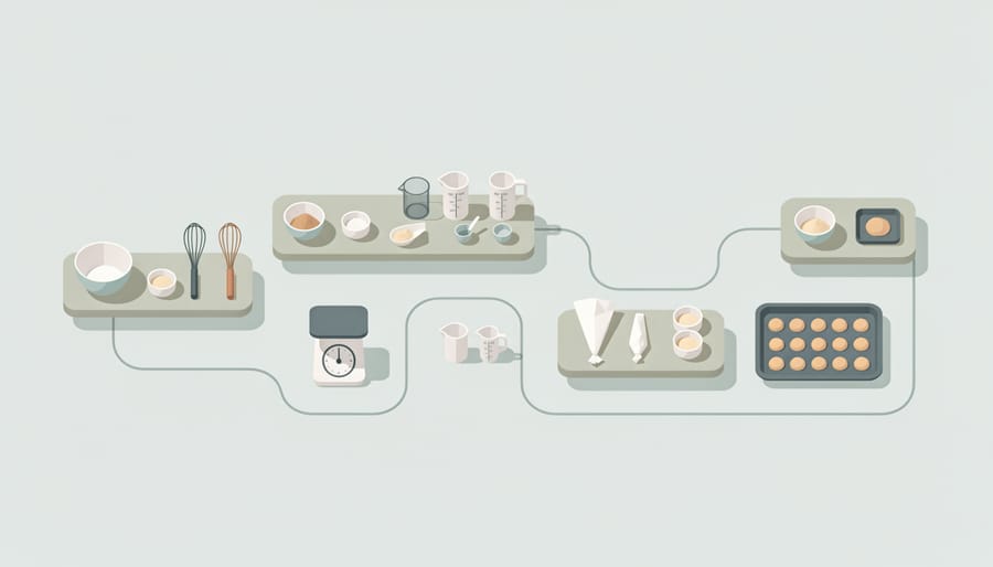 Overhead view of precision scale and smart mixer near dough on a French kitchen counter