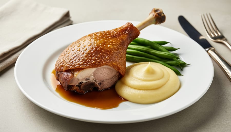 Plate of duck confit with crisp golden skin and tender meat in a rustic French dining setup