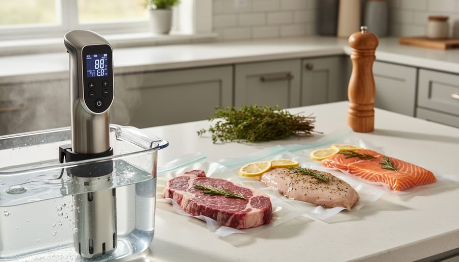 Sous vide immersion circulator in a stainless water bath with vacuum-sealed protein on a French kitchen counter