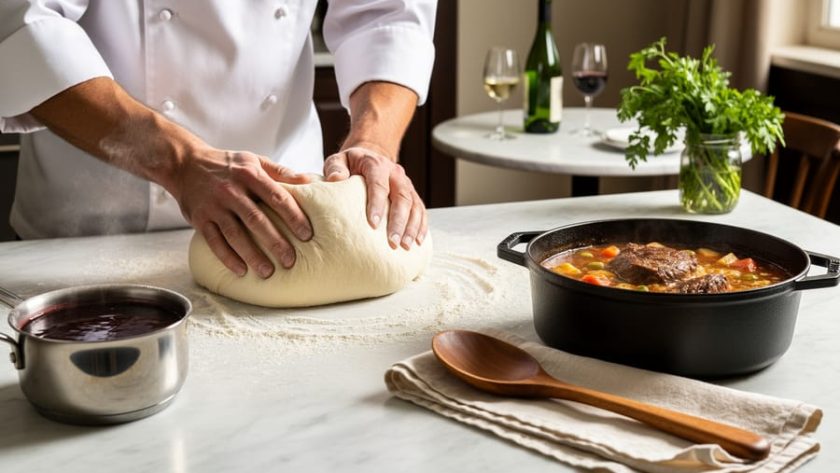 Chef’s hands kneading dough on a floured marble counter with a bubbling braiser and glossy sauce, herbs and wine in the softly blurred background.