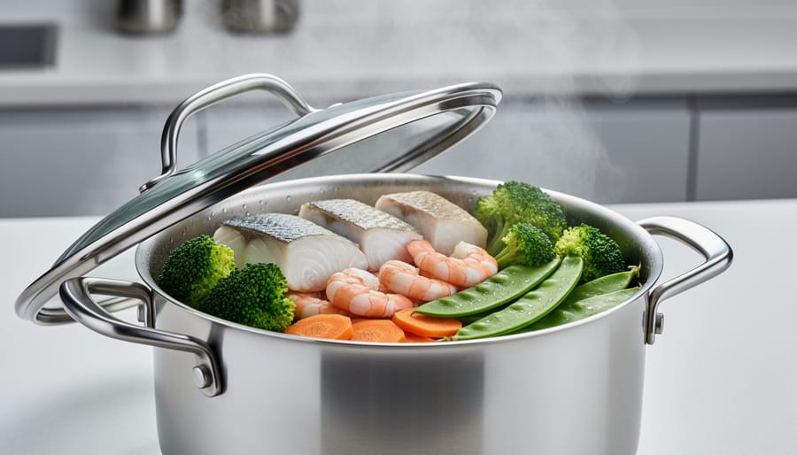 White fish and asparagus steaming in a bamboo steamer over a simmering pot