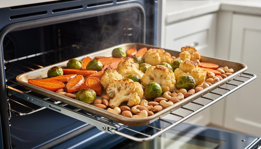Cast-iron skillet and sheet tray with vegetables and spices prepared for dry roasting