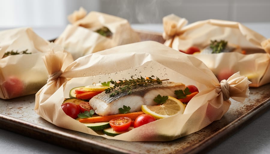 Chef’s hands fold vegetables into parchment packets for en papillote cooking