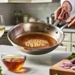 Close-up of a stainless skillet with a chef deglazing fond using vegetable stock and white wine, illustrating oil-free French cooking technique.