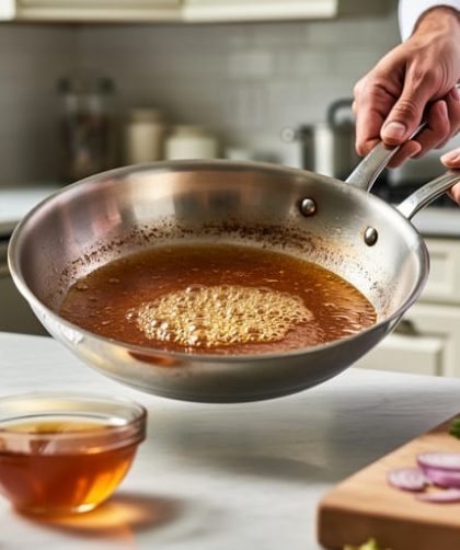 Close-up of a stainless skillet with a chef deglazing fond using vegetable stock and white wine, illustrating oil-free French cooking technique.