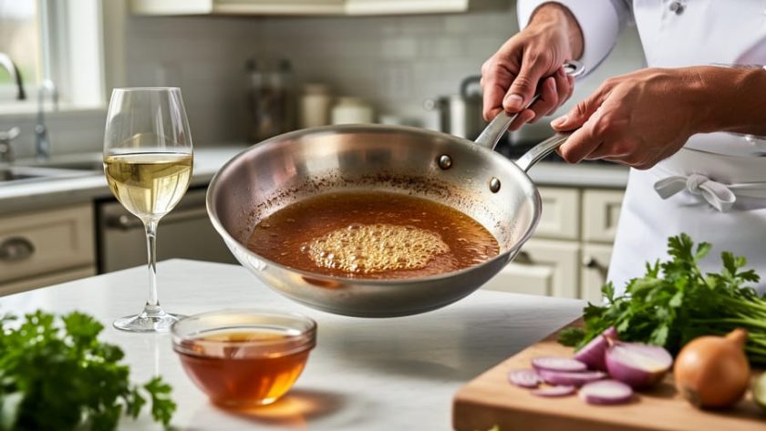 Close-up of a stainless skillet with a chef deglazing fond using vegetable stock and white wine, illustrating oil-free French cooking technique.