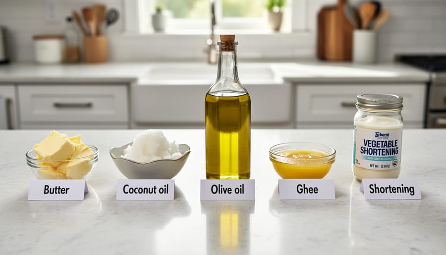 Small bowls of olive oil, melted butter, and coconut oil arranged on a kitchen counter for brownie substitutions.