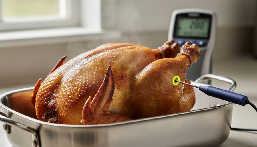Instant-read thermometer being inserted into a raw turkey breast in a roasting pan.