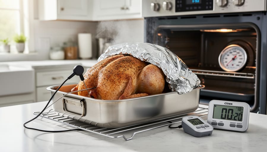 Chef’s hands preparing a turkey with aluminum foil tent and roasting prep items on a countertop.
