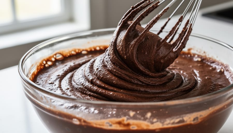 Glossy brownie batter in a bowl with a spatula, showing the fudgy texture used in brownie recipes.