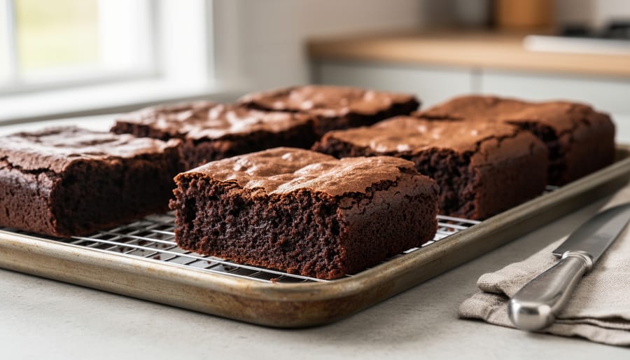 Fresh fudgy brownies with a cut slice showing moist interior on a cooling rack.