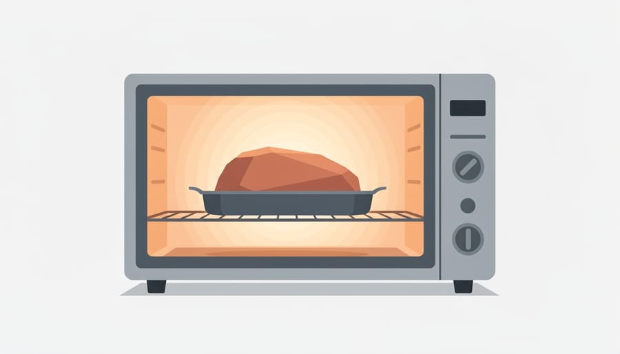 Oven with warm light glowing as a turkey roasts inside on a rack.