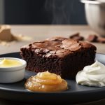 Fudgy brownies on a dark plate with ramekins of melted butter, applesauce, and Greek yogurt beside them to represent oil substitutions for texture.