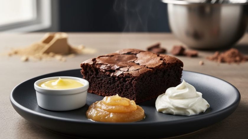 Fudgy brownies on a dark plate with ramekins of melted butter, applesauce, and Greek yogurt beside them to represent oil substitutions for texture.