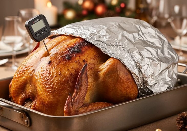 Roasted turkey in a roasting pan with a food thermometer probe inserted into the thigh and a foil tent over the breast.