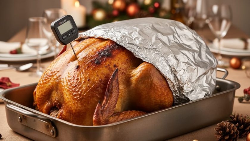 Roasted turkey in a roasting pan with a food thermometer probe inserted into the thigh and a foil tent over the breast.