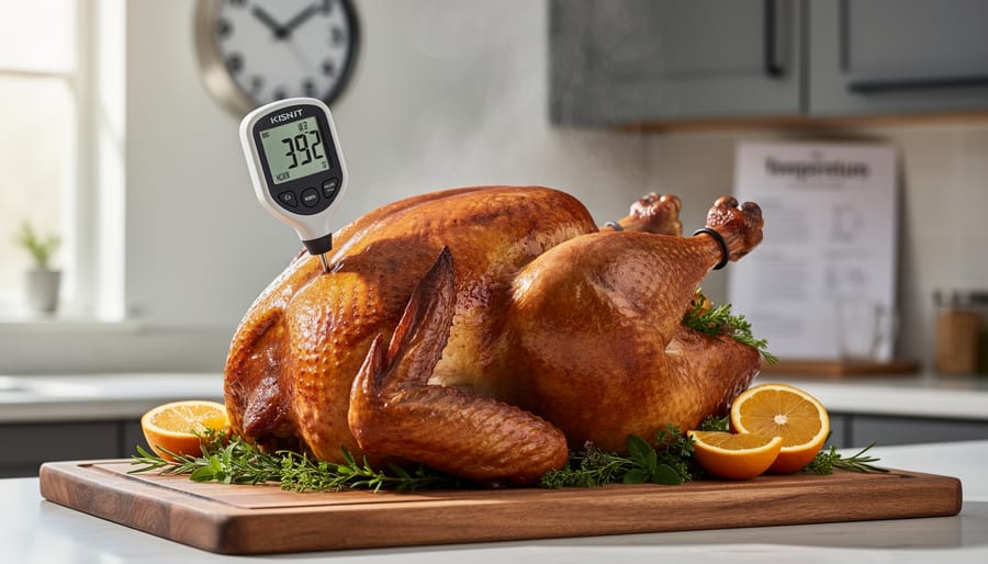Whole roasted turkey on a carving board with a thermometer probe inserted near the breast.