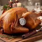 Roasted turkey on a wooden board with a meat thermometer inserted into the breast to check internal temperature.