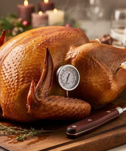 Roasted turkey on a wooden board with a meat thermometer inserted into the breast to check internal temperature.