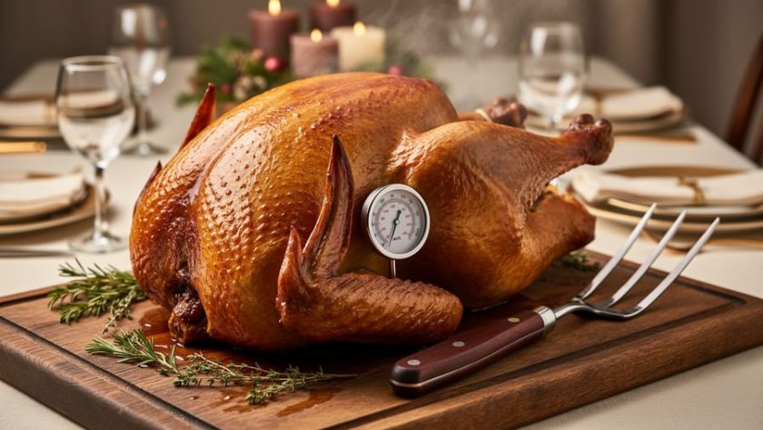Roasted turkey on a wooden board with a meat thermometer inserted into the breast to check internal temperature.