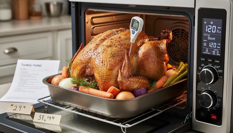 Whole raw turkey on a roasting rack inside a metal roasting pan in a kitchen.