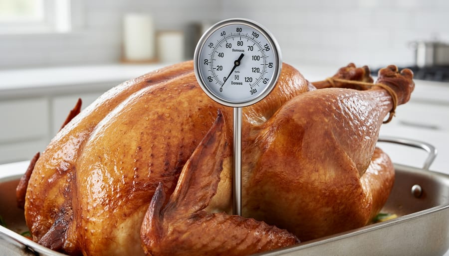 Close-up of a food thermometer tip placed in a roasted turkey thigh beside a roasting pan.